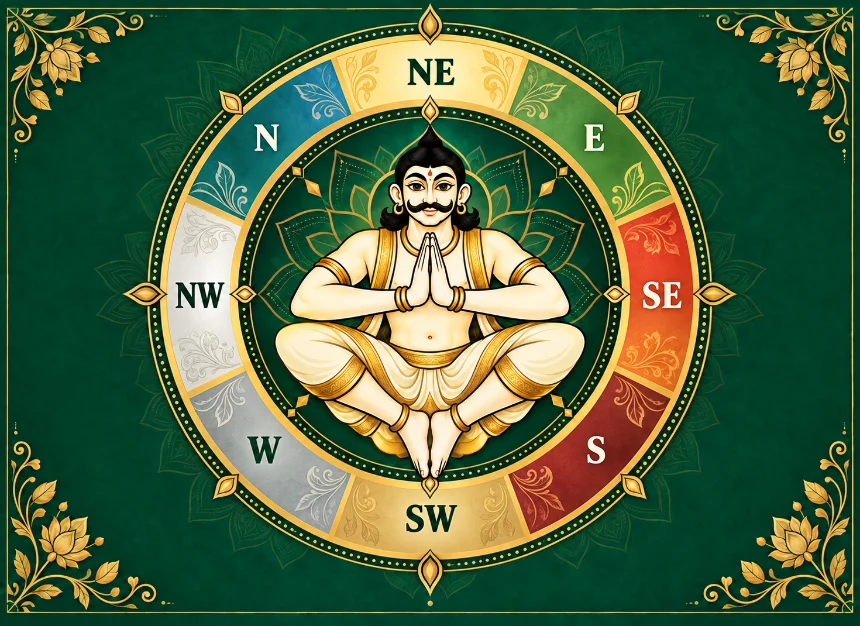 Vastu Purush in namaste pose with an eight-direction traditional colour wheel